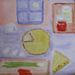 Painting shows leek-feta quiche and ingredients.