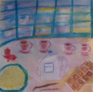 painting shows four cups of atole with chocolate and other ingredients