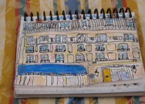 Ink and watercolor sketch of Paris hotel.